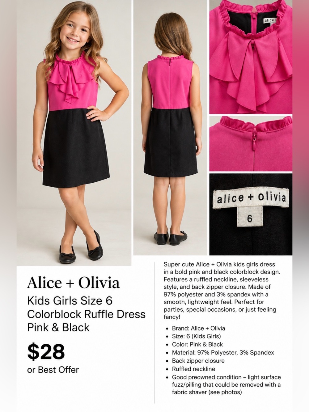 Alice + Olivia Pink and Black Ruffle Colorblock Dress Youth Girls Sz 6